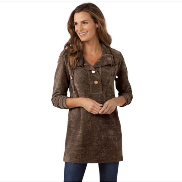 Soft Surroundings -809 St Germain Pullover‎ Snaps Turtleneck Brown Size Medium - Picture 1 of 9